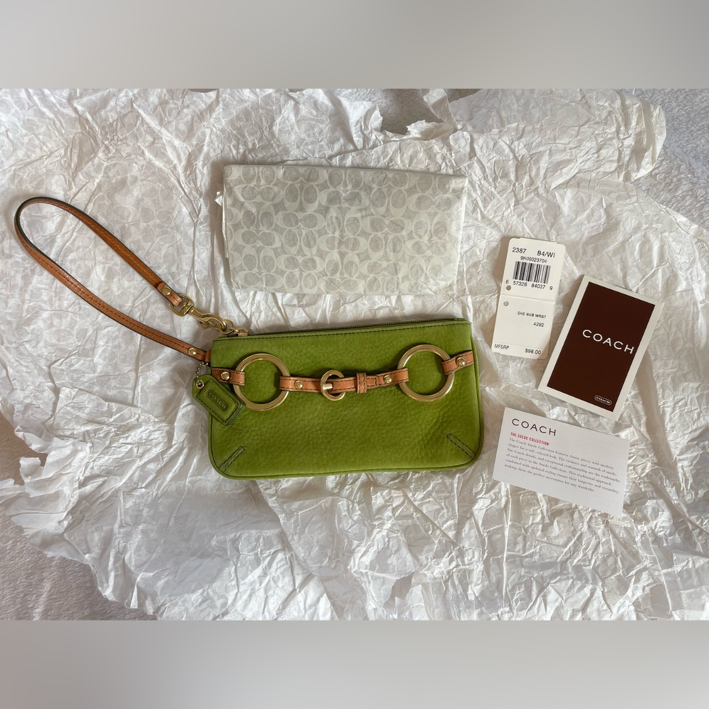 Coach Green Suede Wristlet NWT Rare Lime Green w original coach sig tissue paper